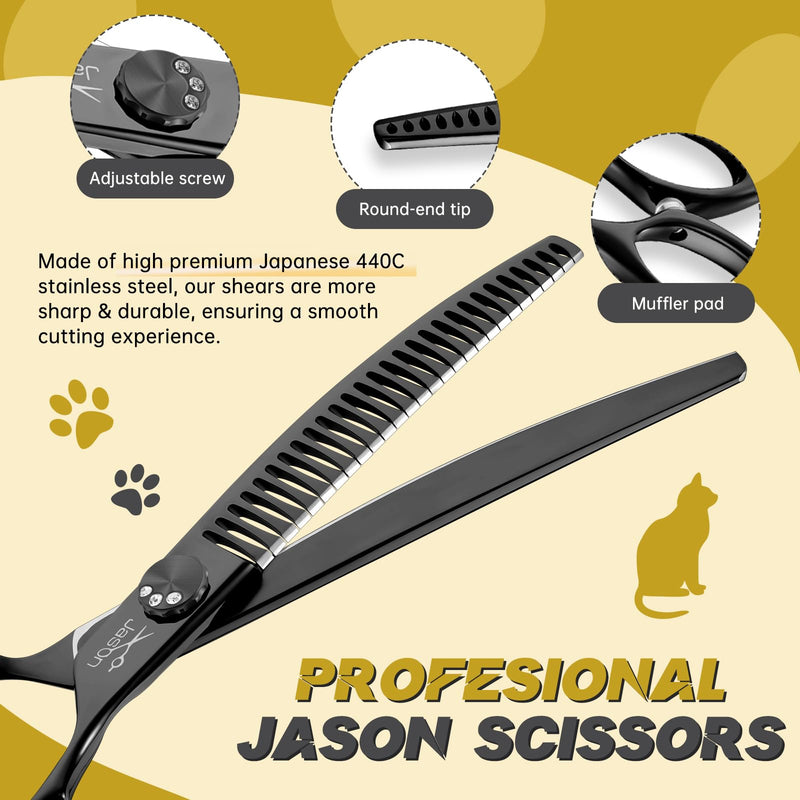 JASON 7" Curved Chunker Dog Scissors - Ergonomic Pet Scissors Black Curved Dog Shears 440C Stainless Steel Grooming Shears Professional Pet Shears For Groomer (28-Teeth, Down-curved) - PawsPlanet Australia