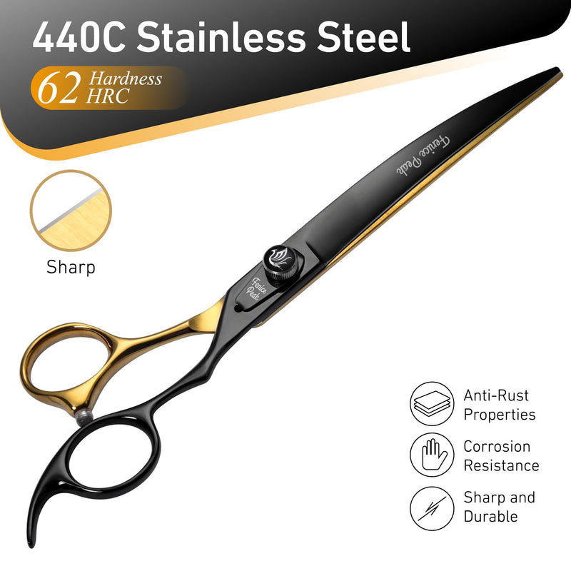 Fenice Peak 7'' Black Dog Grooming Scissors Goldern Curved Scissors with Ergonomic Offest Handle and Pattern Screw Pet Grooming Trimming Shears Durable and Sharp 440C 7'' - PawsPlanet Australia