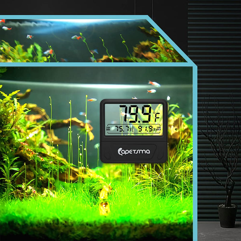 capetsma Aquarium Thermometer Digital Fish Tank Thermometer Large LCD Screen Records High & Low Water Temperature in 24 hrs Black