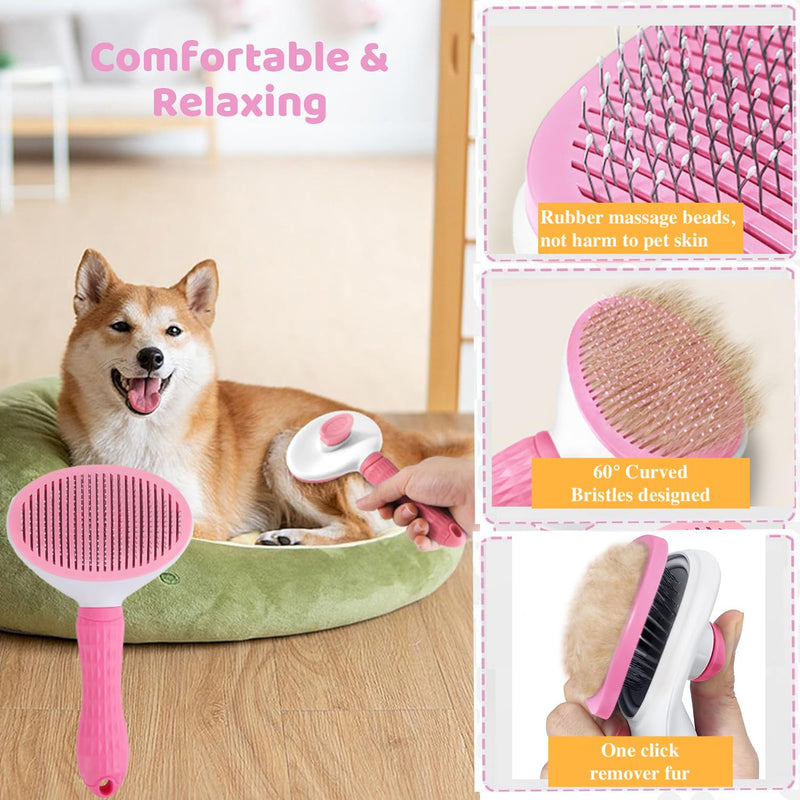 7 Pcs Cat Dog Brush Grooming Kits, Self-Cleaning Slicker Brush, Pet Nail Clipper and File, Flea Comb, Pet Shampoo Bath Brush, Pet Finger Toothbrush, Storage Bag (Pink) Pink - PawsPlanet Australia