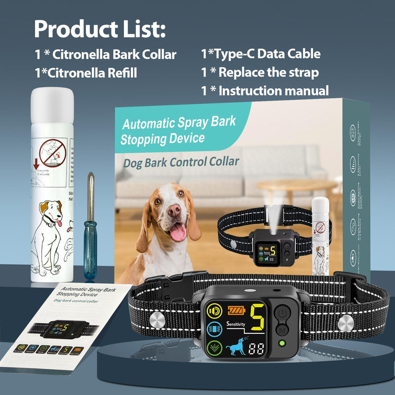 Citronella Bark Dog Collar Spray Dog Collar, with 5 Adjustable Sensitivity, Beep+Vibration+Spray 5 Working Modes Citronella Bark Collar, IP66 Waterproof Dog Spray Collar for L/M/S Black Black-QT - PawsPlanet Australia