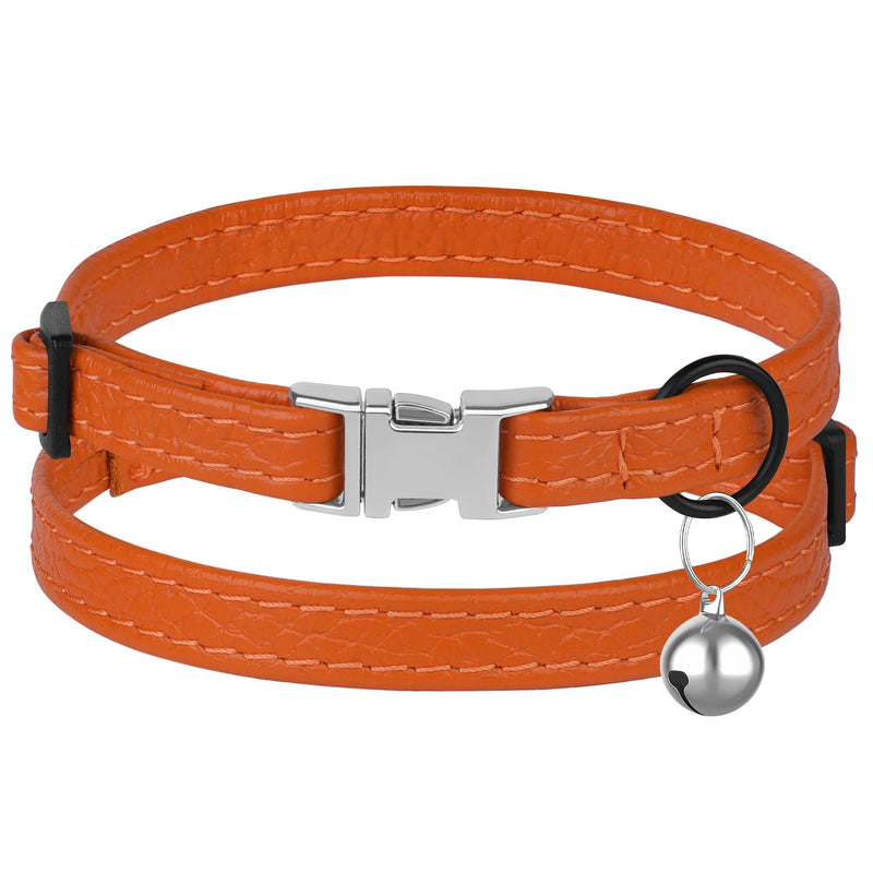Leather Cat Collar with Buckle and Removable Bell - Non Breakaway Adjustable Soft Safety Small Pet Collars for Girl Boy Cats Kitten (Orange) Orange - PawsPlanet Australia