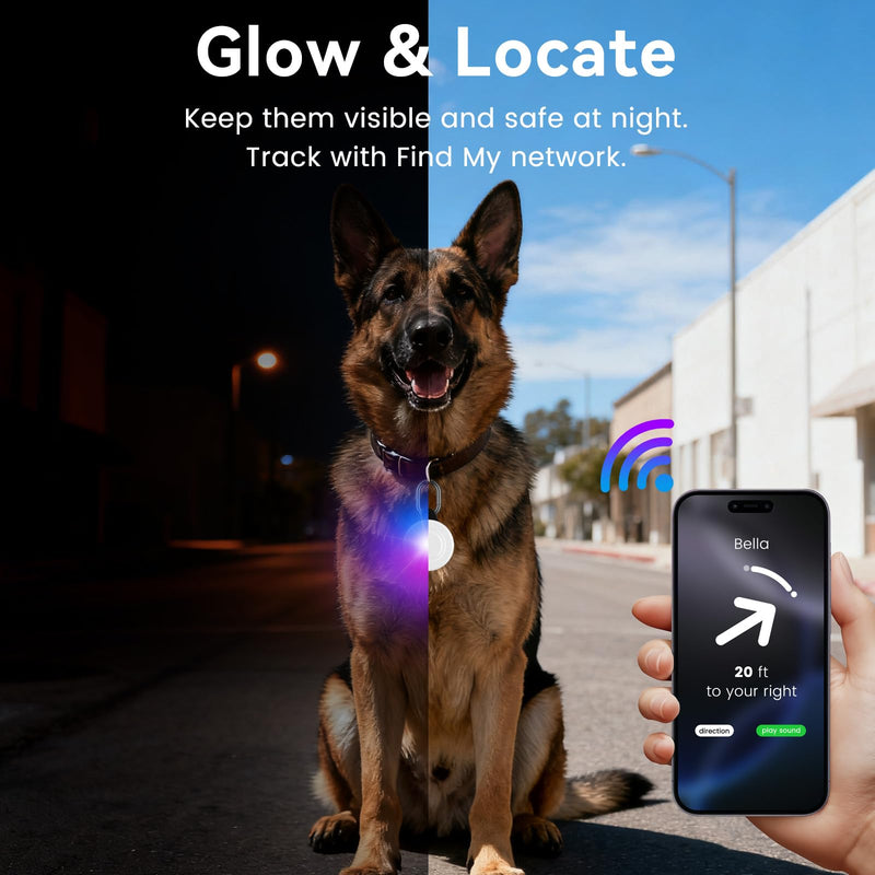 Dog Light with GPS Tracker, Anti-Lost Waterproof Dog Collar Light for Night Walking, Camping, 6 Modes IP68 Rechargeable LED Pet Tracking Lights, Work with Apple Find My, No Monthly Fee(iOS only) - PawsPlanet Australia
