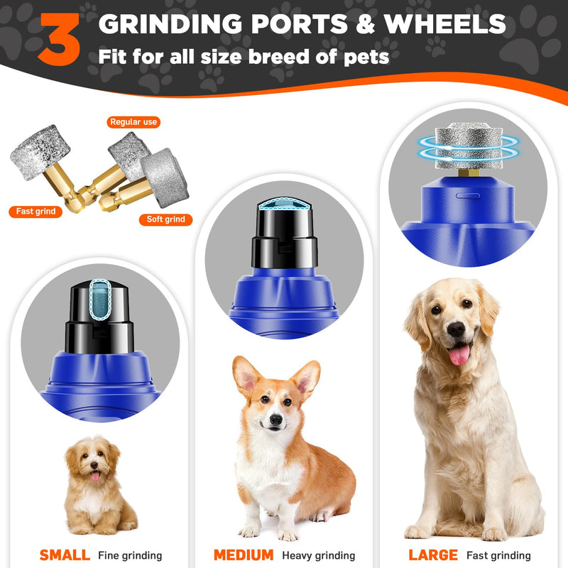 Dog Nail Grinder Dog Nail Trimmers Quit with 2 Lights 3-Speed 3 Grinding Bits 3 Grinding Ports Rechargable Dog Nail Clippers for Large Small Dogs Cats-A Light Blue/Red - PawsPlanet Australia