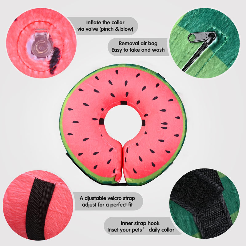Inflatable Dog Cone Collar for After Surgery, Soft Adjustable Blow up Donut E-Collar for Small Medium Large Dog and Cats Watermelon Large (Neck: 15"-18")