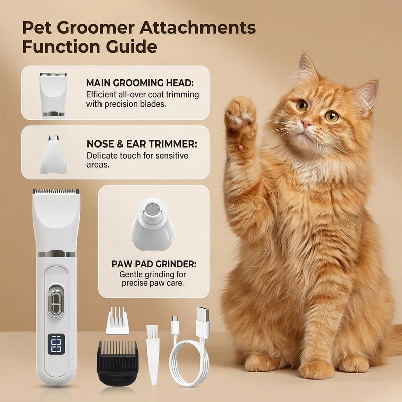 Cat Clippers, 4-in-1 Cat Grooming Kit with 3 Trimmer Heads & 3 Guide Combs, Quiet Cat Trimmer for Long Hair, Pet Clippers for Cats & Small Dogs, Ideal for Home Grooming of Matted Fur & Paw Hair