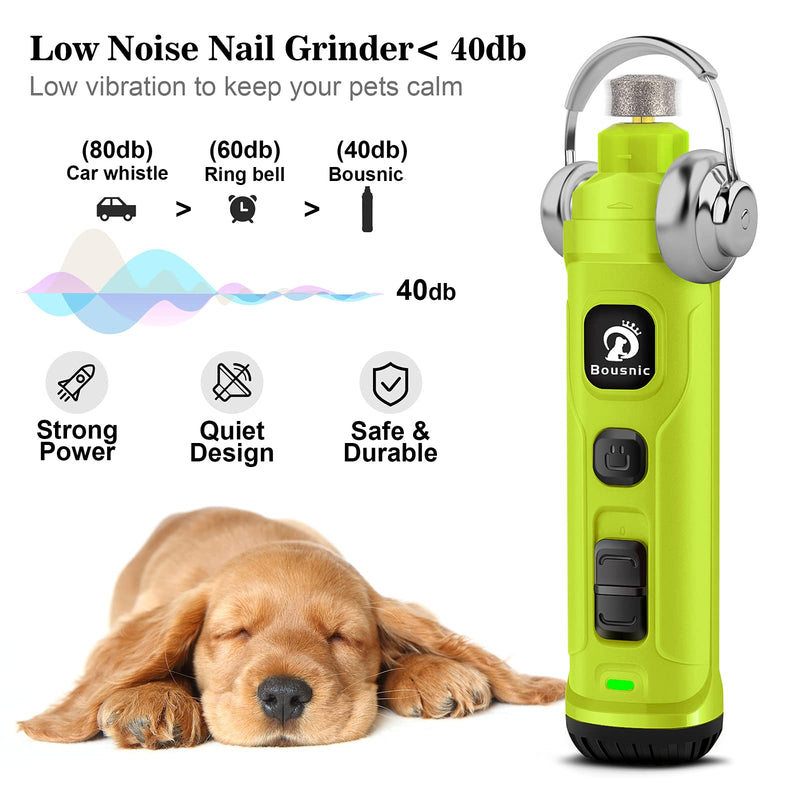 Bousnic Dog Nail Grinder with 2 LED Light - Super Quiet Pet Nail Grinder Powerful 2-Speed Electric Dog Nail Trimmer File Toenail Grinder for Puppy Small Medium Large Breed Dogs & Cats (Green) Green - PawsPlanet Australia