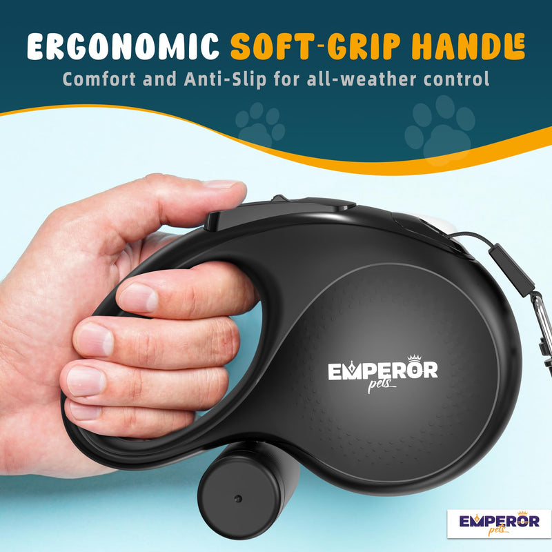 Emperor Pets 26 ft Retractable Dog Leash Black - Heavy Duty Retractable Pet Leash with Anti-Slip Grip for Medium to Large Dogs up to 110 lbs -Aura BB26 26 ft (8m) - PawsPlanet Australia