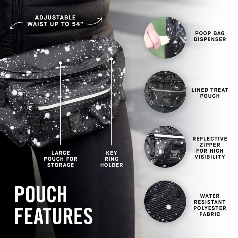 Canada Pooch Everything Dog Walking Fanny Pack - Dog Fanny Pack with Dog Poop Bag Dispenser & Dog Treat Pouch, Great as Dog Training Fanny Pack, Adjustable up to 54” - Splatter Black Splatter - PawsPlanet Australia
