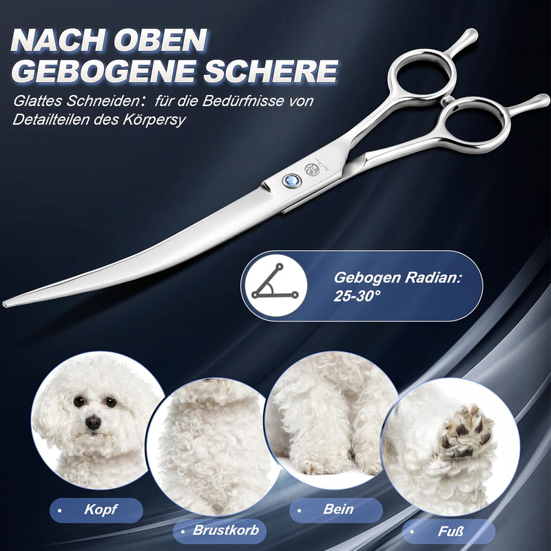 Purple Dragon 8 Inch Dog Scissor Set, Professional 3-in-1 Fur Scissors Set Silver Straight, Serrated and Curved Scissor are Included for Cats and Other Animals