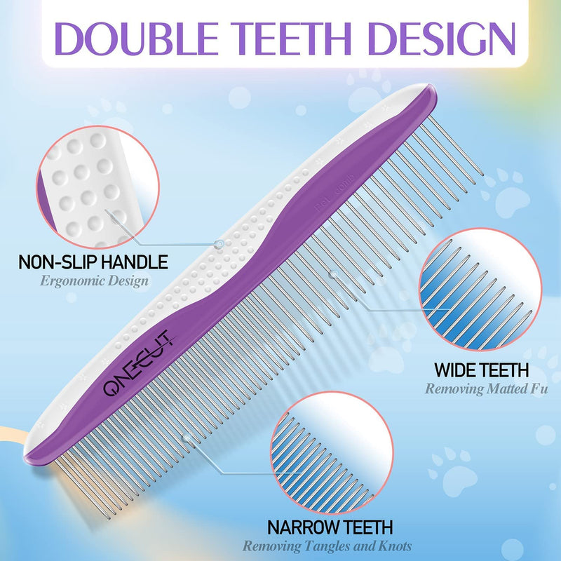 Dog Comb, OneCut Pet Grooming Tool for Removing Tangles Knots and Matted Fur, Wide and Narrow Teeth Comb Design for Dogs and Cats (Purple) Purple