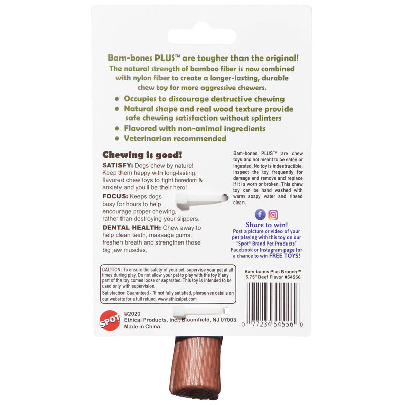 SPOT Bam-bones PLUS Branch -Bamboo Fiber & Nylon, Durable Long Lasting Dog Chew for Aggressive Chewers – Great Toy for Adult Dogs & Teething Puppies under 60lbs, Non-Splintering, 5.75in, Beef Flavor Medium - PawsPlanet Australia