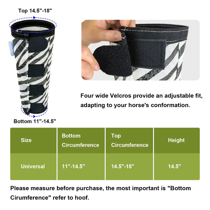 Zebra-Print Horse Fly Boots Set of 4, Soft Top Loose Fitting Leggings for Horses, Zebra Pattern Style Design, Equine Breathable Adjustable 4 Leg Wraps Socks, Reliable Leg Guards for 4 Legs Zebra set of 4