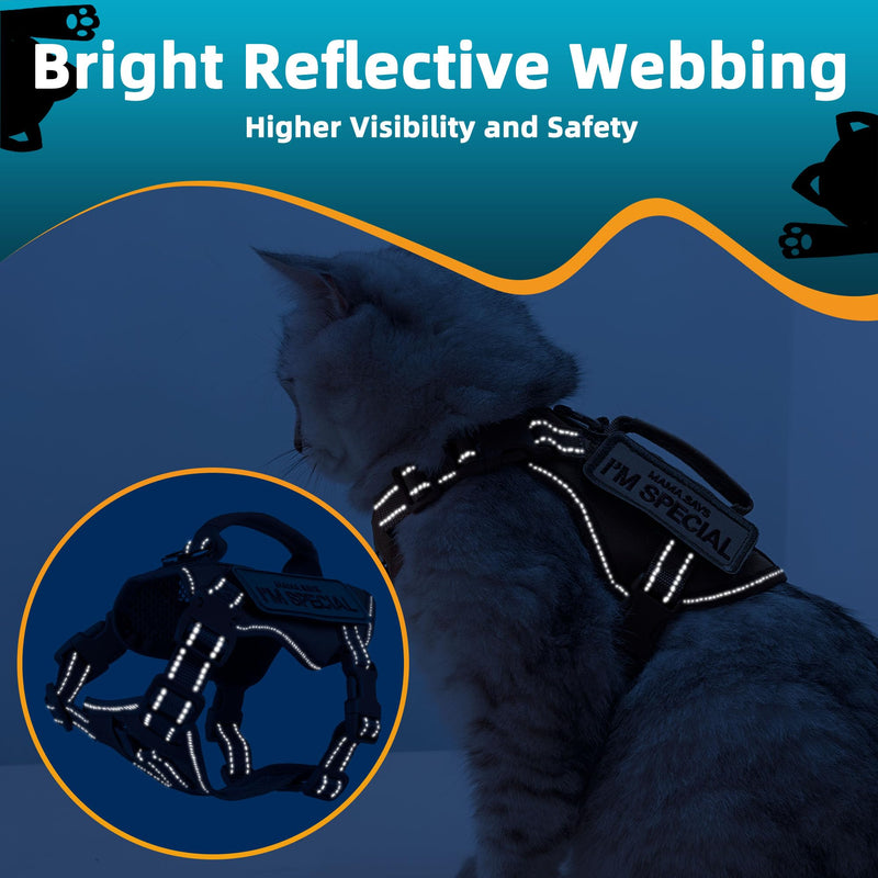 Tactical Cat Harness Black for Walking Esacpe Proof,Adjustable Soft Mesh Large Cat Vest with Rubber Handle Easy to Control,Molle Patches L