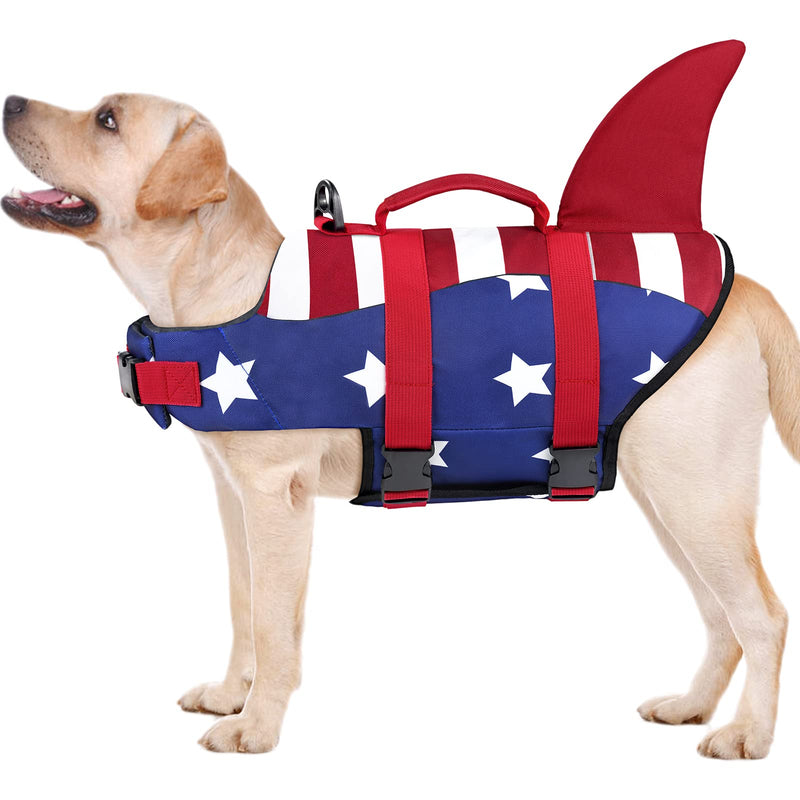 Malier Dog Life Jacket, Ripstop American Flag Dog Life Vest for Swimming Boating, Shark Puppy Lifesaver with High Buoyancy Swimsuit for Small Medium and Large Dogs (Small) Red & Dark blue - PawsPlanet Australia