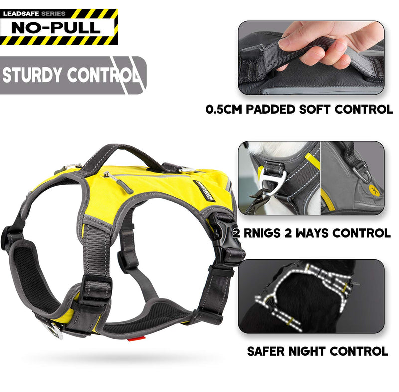 Fida Dog Harness, Multi-Functional No-Pull Pet Vest Harness with Saddle Bags Backpack, Front Leash Clip, Adjustable Soft Padded Reflective No-Choke Dog Vest Heavy Duty for Small Dog, S, Yellow Small (Neck:14"-18";Chest:20"-22.5") - PawsPlanet Australia