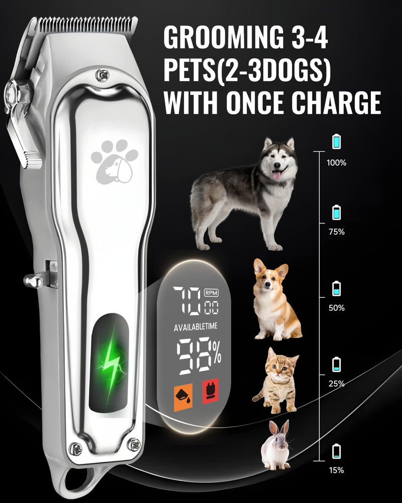 Dog Grooming Clippers Professional for Thick Hair, Full Metal Body Black Ceramic Blade LED Display Low Noise Rechargeable Cordless Dog Grooming Kit