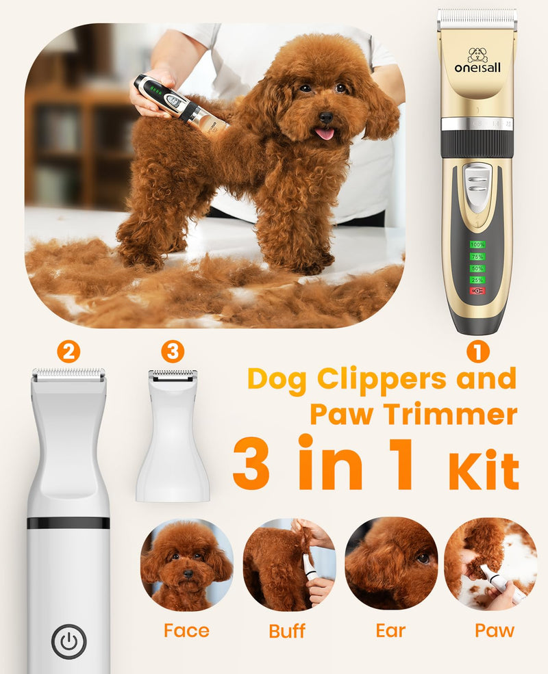 oneisall Dog Clippers and Paw Trimmer Kit 2 in 1 Low Noise Cordless Dog Clippers for Grooming Pet Hair Trimmers for Small and Large Dogs Cats Animals Gold - PawsPlanet Australia