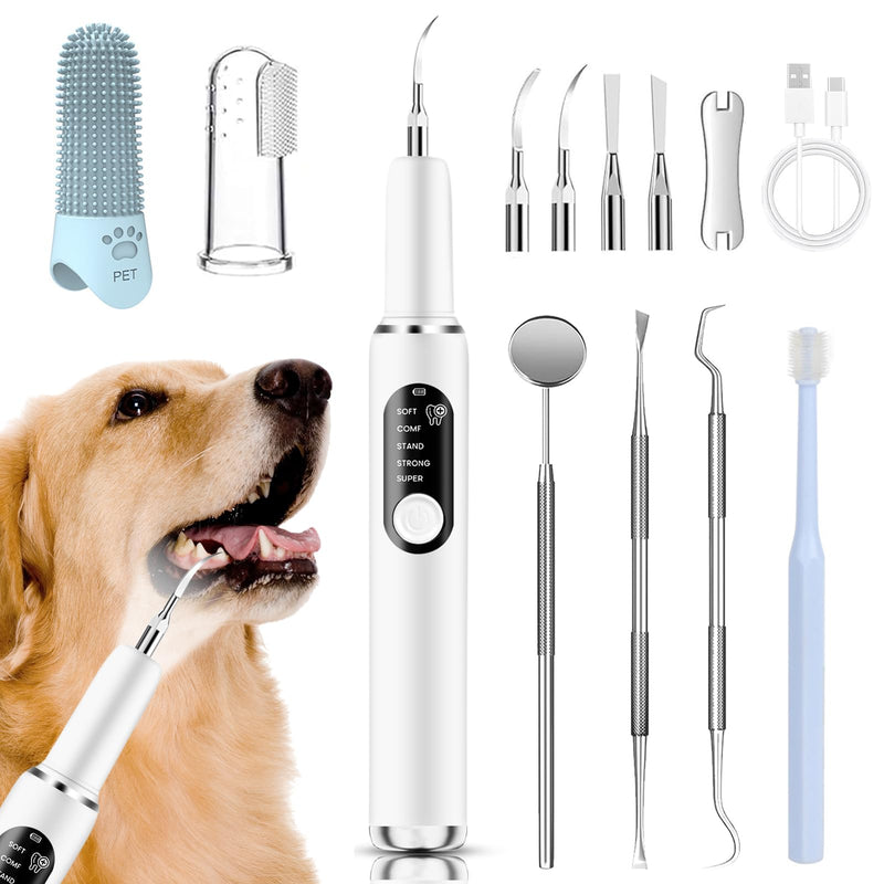 Dog Plaque Remover, Dog Tooth Brushing kit for Tartar and Stains, 5 Modes, LED Light, Pet Ultrasonic Cleaner with Toothbrush & 4 Cleaning Head, Suitable for Dogs and Cats