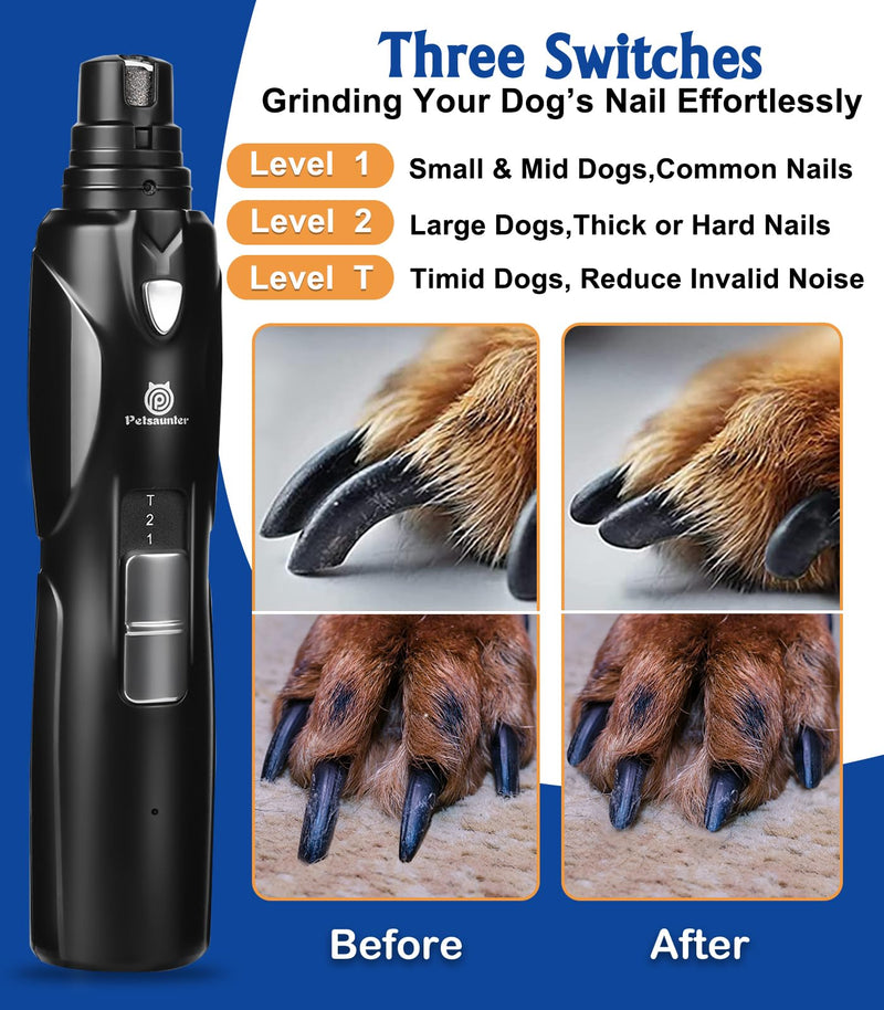 Petsaunter Dog Nail Grinder, 3 Grinding Heads, 2-Speed, LED Light, Touch-Switch, TypeC, Quiet, Low-Vibration, Dog Nail Trimmers for Large, Medium, Small Dogs & Cats with Hard/Thick Nails (U-Dark Blue) U-DarkBlue