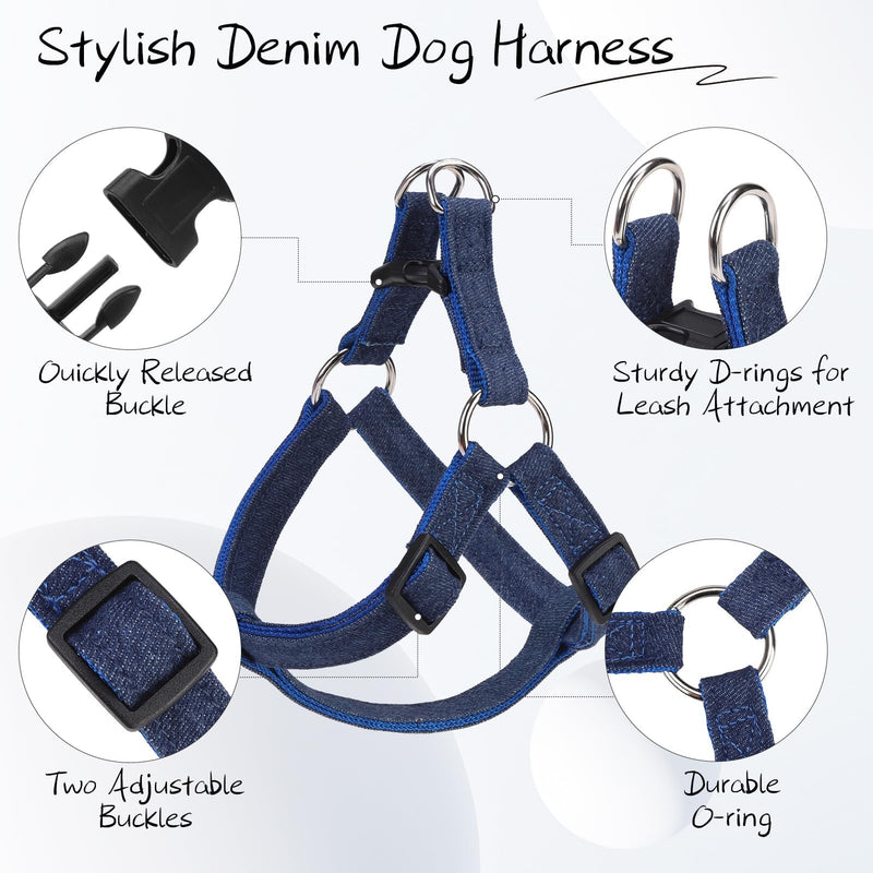 BINGPET Dog Harness Leash Set,Adjustable No Pull Step in Dog Harness,Stylish Denim Puppy Harness for Small and Medium Dogs Easy Walk Training Running(Blue,M) Blue M(17"-23" Chest Girth) - PawsPlanet Australia