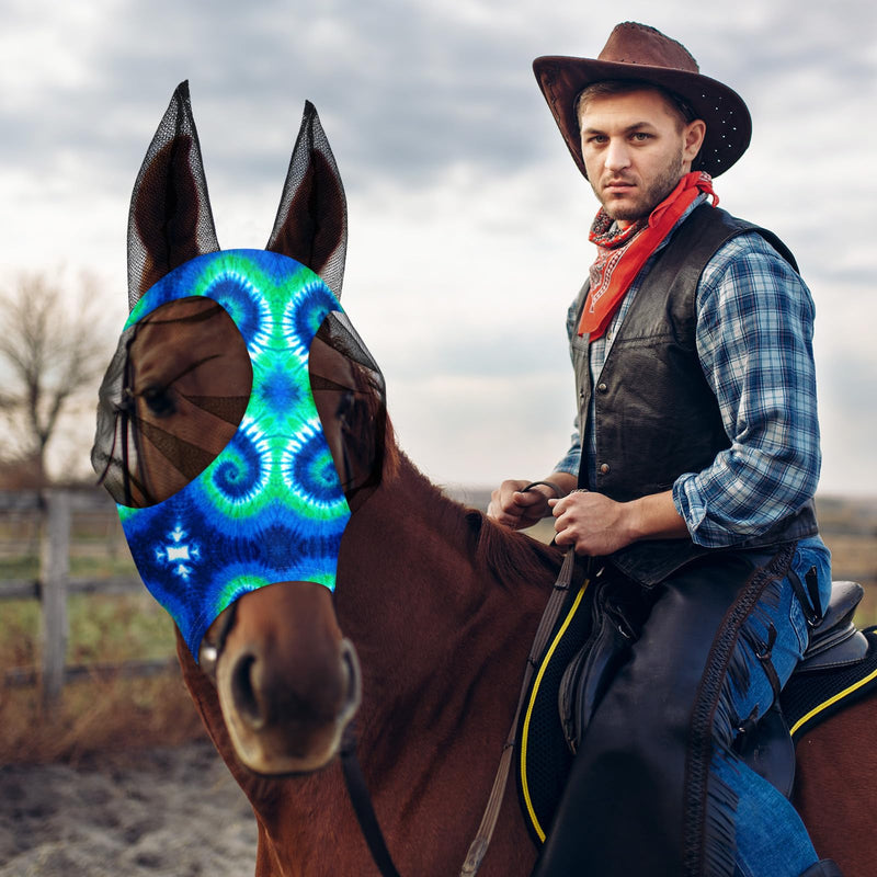 Frienda 4 Pcs 4th of July Horse Fly Masks with Ears Face Covering UV Protection from Insect Pests Elasticity Smooth Comfortable Mesh Horse Mask Accessories(Tie-dye,Large) Tie-dye Large