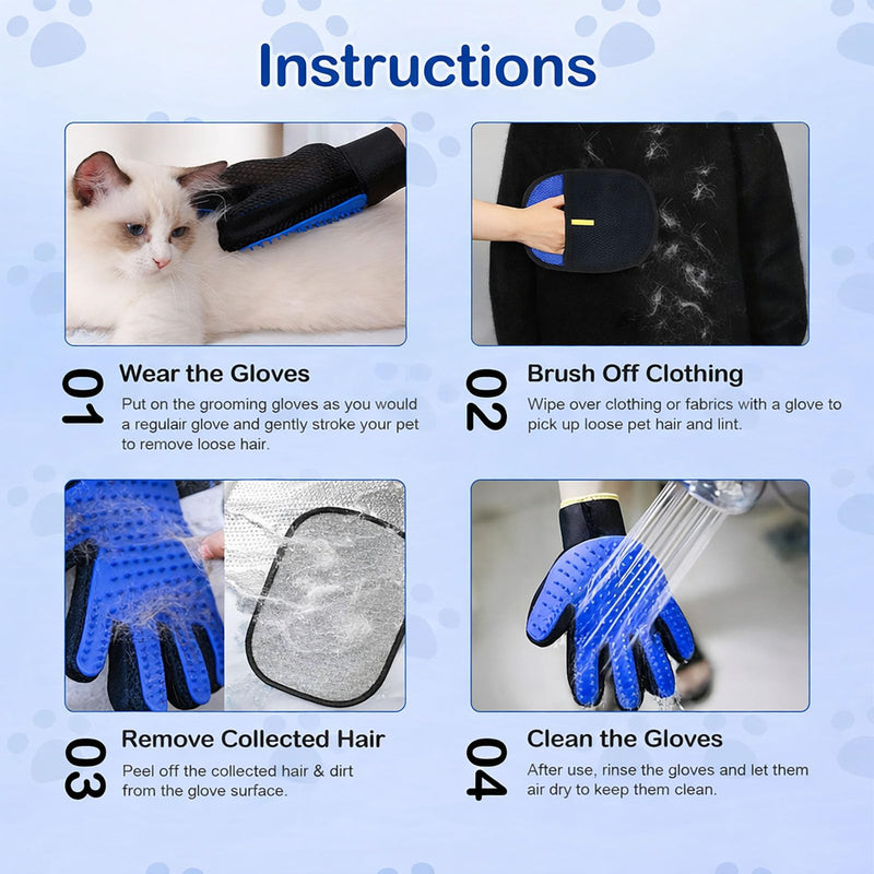 Pet Hair Removal Grooming Gloves Set – Silicone Cat & Dog Deshedding Gloves with Double-Sided Pet Hair Remover, Washable Reusable Anti-Static Grooming Set for Cats Dogs Horses (Blue) - PawsPlanet Australia