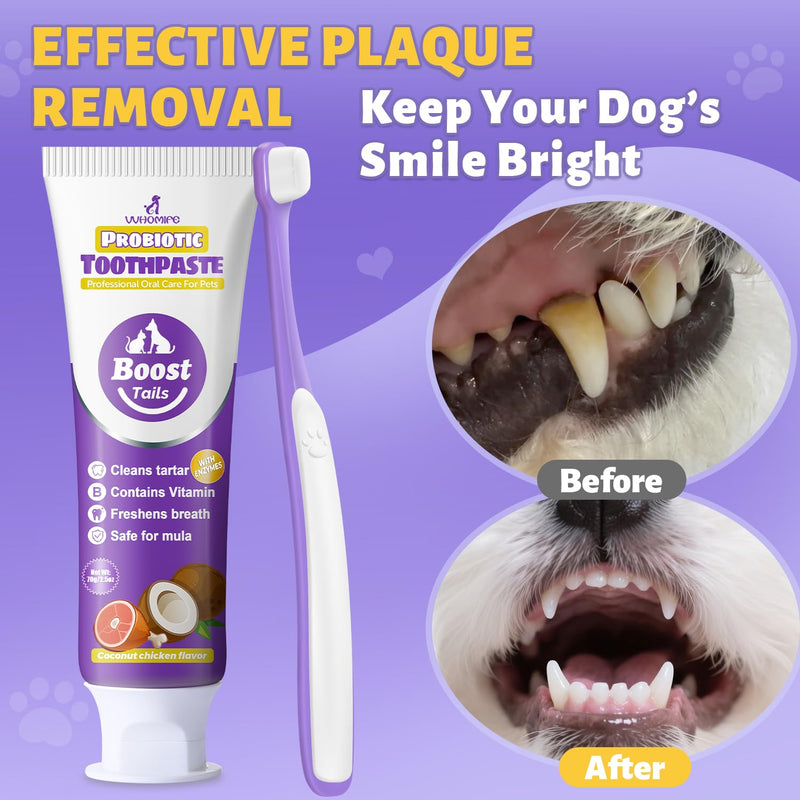 Vet Recommended Small Dog Teeth Brushing Kit 2.52oz + Natural Coconut Oil Dog & Cat Toothpaste for Fresh Breath 3.52oz