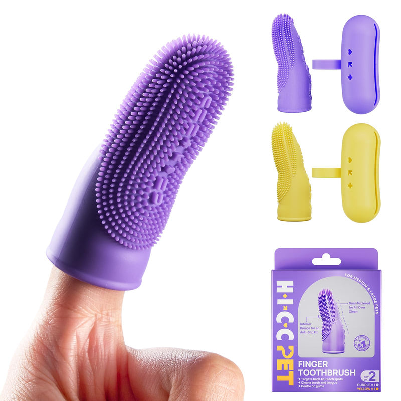 HICC PET Dog Finger Toothbrush Pack, 360° Silicone Pet Toothbrush for Plaque and Tartar Cleaning, Dog & Cats Teeth Cleaning with Protective Case, Safer & Softer Liquid Silicone (Yellow&Purple, 2 Pack) Yellow&purple
