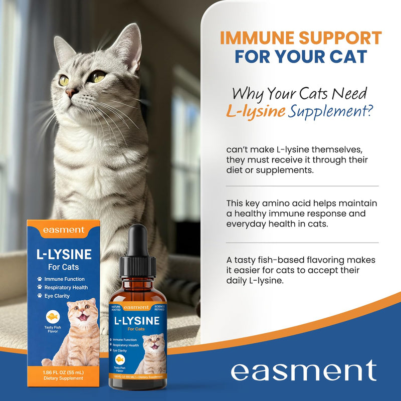 L-Lysine for Cats Liquid Drops Fish Flavor: Immune Support & Respiratory Wellness, Eye & Nose Comfort – Easy-to-Give Cat Lysine Supplement – with Botanical Blend + Vitamins A, B1 & B6 1.86 fl oz