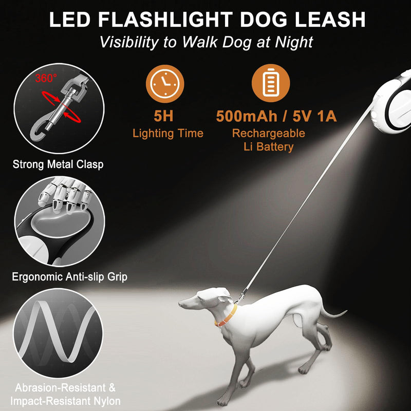 Retractable Dog Leash with Light and Poop Bag Holder, 16ft Dog Leash Retractable for Small Medium Dogs Walking, Rechargeable Puppy Retractable Leash with Led Flashlight for Pet Upto 66 Lbs, No Tangle With Led Light 16 FT - PawsPlanet Australia