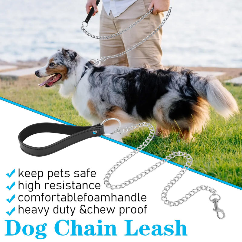 Heavy Duty Metal Dog Leash, Chew Proof Pet Leash with Soft Handle Stainless Steel Cuban Link Chain for Large & Medium Size Pets Walking Training and Traveling (4 FTx3 mm (0-80 lbs)) - PawsPlanet Australia
