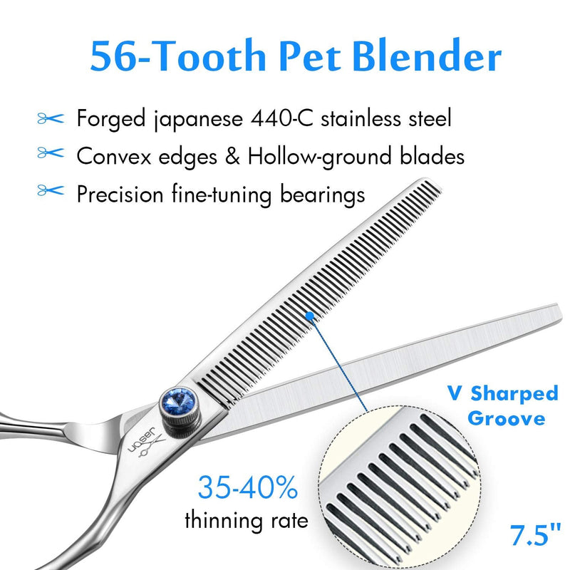 JASON 7.5" 56 Teeth Blending Dogs Grooming Scissors Cats Thinning Shears Pets Blender Thinner Trimming Texturizing Kit with Offset Handle Blue Jewelled Screw 7.5"