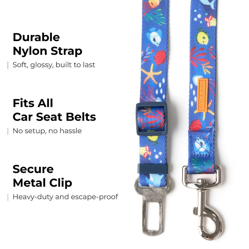 KIKI & RIKI Dog Car Seat Belt, Adjustable 14–24 in (36–61 cm), Premium Nylon Safety Tether, Universal Buckle Clip, Durable Vehicle Restraint Strap, Blue (Ocean Tale) Navy (Ocean Tale) - PawsPlanet Australia