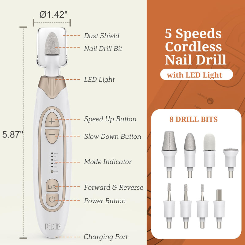 PELCAS Electric Toenail Grinder for Thick Toenails, 5 Speeds Manicure and Pedicure Kit, Cordless Nail Drill with LED Light, Electric Nail File for Human, Pet, Thick Toenails, Natural & Acrylic Nails Gold - PawsPlanet Australia