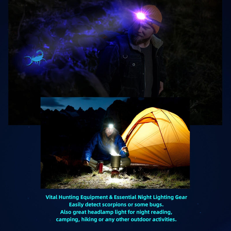 COSOOS 2 Mini UV Headlamp Flashlight Black Light, Rechargeable LED Hand Free Blacklight 395nm Headlight with White & Ultraviolet Light, Detector for Pet Dog Cat Urine Stain,Bed Bug,Scorpions - PawsPlanet Australia