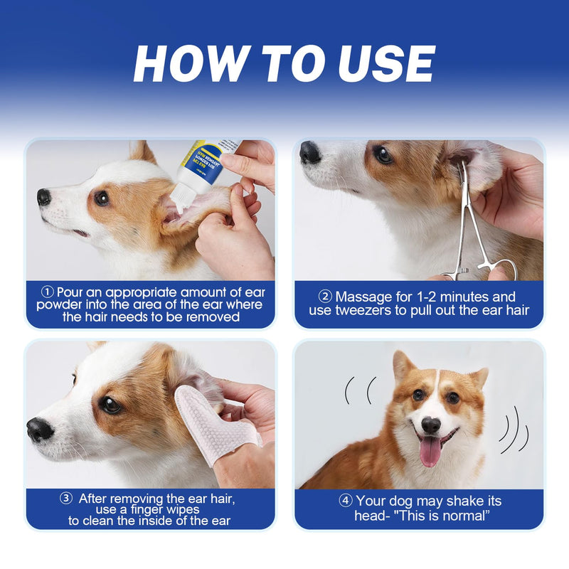 Dog Ear Hair Removal Kit with Powder & 5.5" Curved Locking Forceps - Dog Ear Finger Wipes Gentle Ear Grooming Tool for Dogs - Absorb Moisture, Remove Dirt - Alcohol-Free Pet Ear Care ear powder+tweezers+finger wipes
