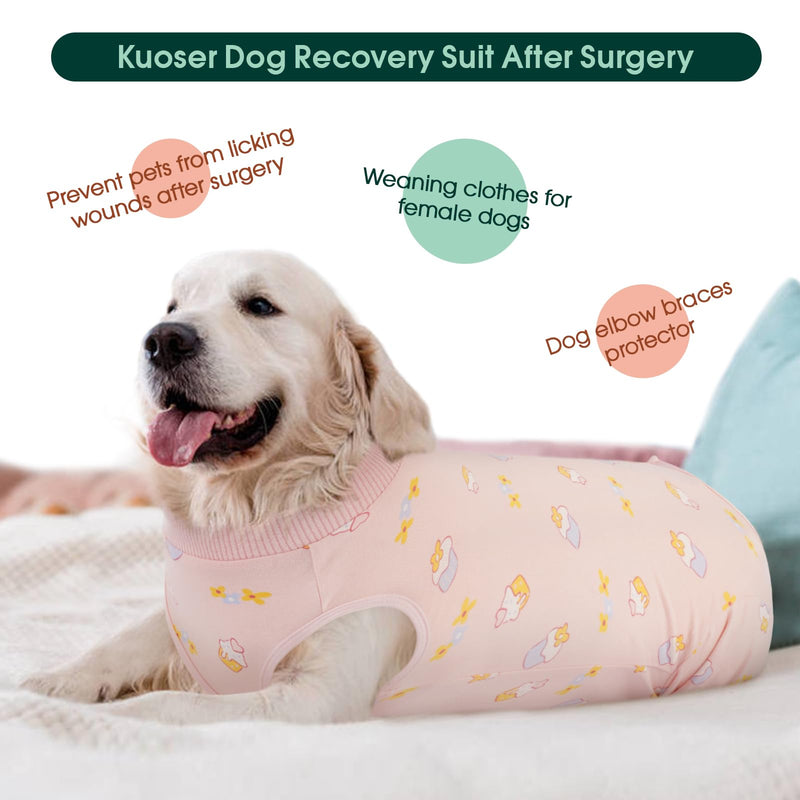Kuoser Dog Surgery Recovery Suit Female Male, Dogs Surgical Suit with Body Sleeve Hind Legs to Prevent Licking Bite, Dog Bodysuit with Leg Braces Wound Cover, Pink Cake XL XL(Back:18.11")