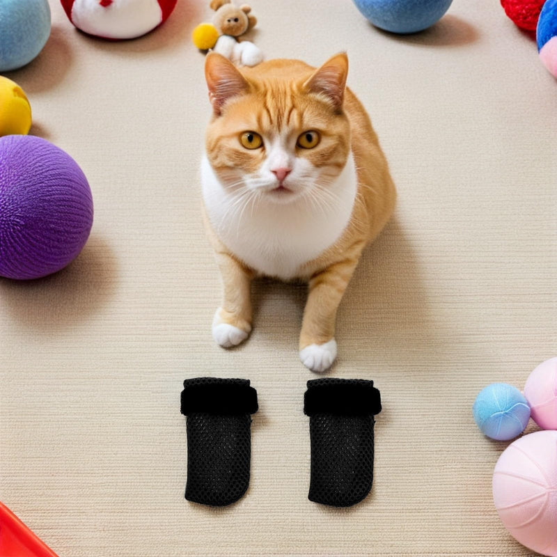 4-pack of cat paw protectors made of breathable polyester. Adjustable claw protection caps for cats to protect during medication administration and claw care.