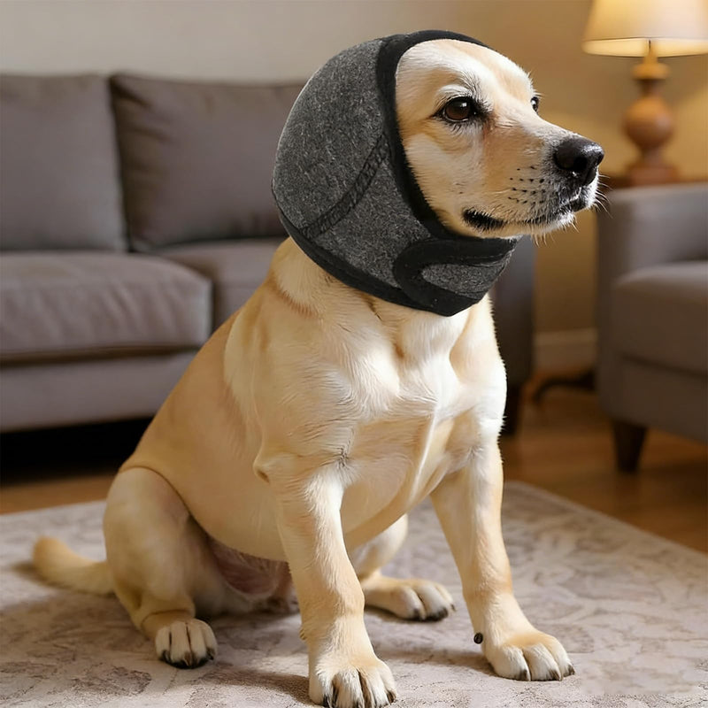 Dog Calming Ear Wraps, Waterproof Adjustable Dog Snood Ear Protectors Comfortable Noise Protection Ear Cover Muffs for Pet Bath Grooming Swimming Thunder Fireworks (Gray, M)