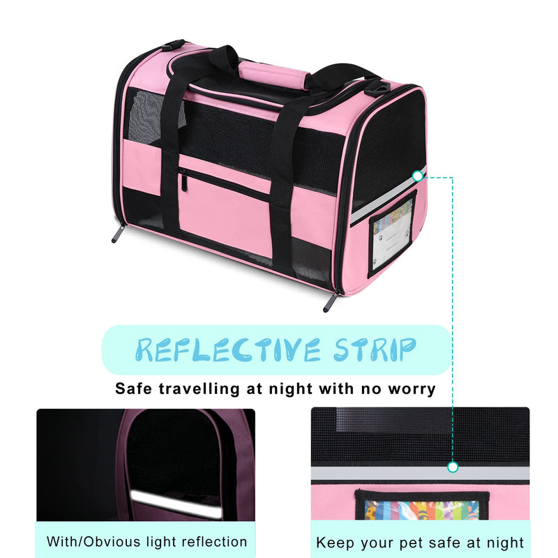 Cat Carrier Pet Carrier Airline Approved for Small Dogs Medium Cats Puppies 15 Lbs Dog Carrier with Reflective Strip, Collapsible Soft Sided Cat Travel Carriers - Pink 17” L x 11” W x 11” H - PawsPlanet Australia