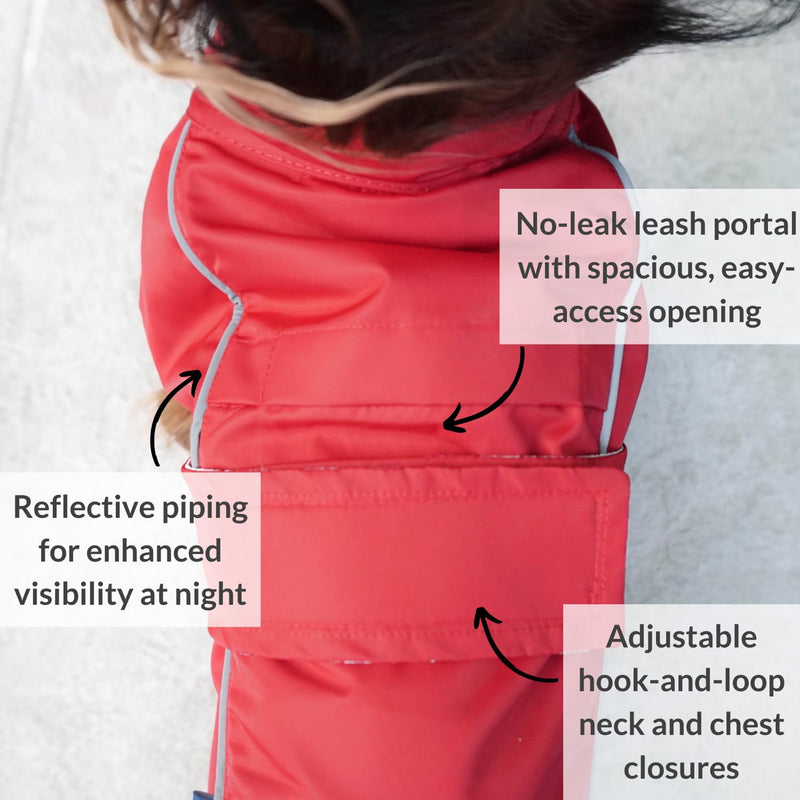 DJANGO Dog Jacket & Raincoat – Lightweight Water-Resistant Coat for Small, Medium & Long Dogs Like Dachshunds – Reflective, Adjustable Fit, Harness-Compatible & Easy-Access Harness Hole - Red, Large Cherry Red - PawsPlanet Australia