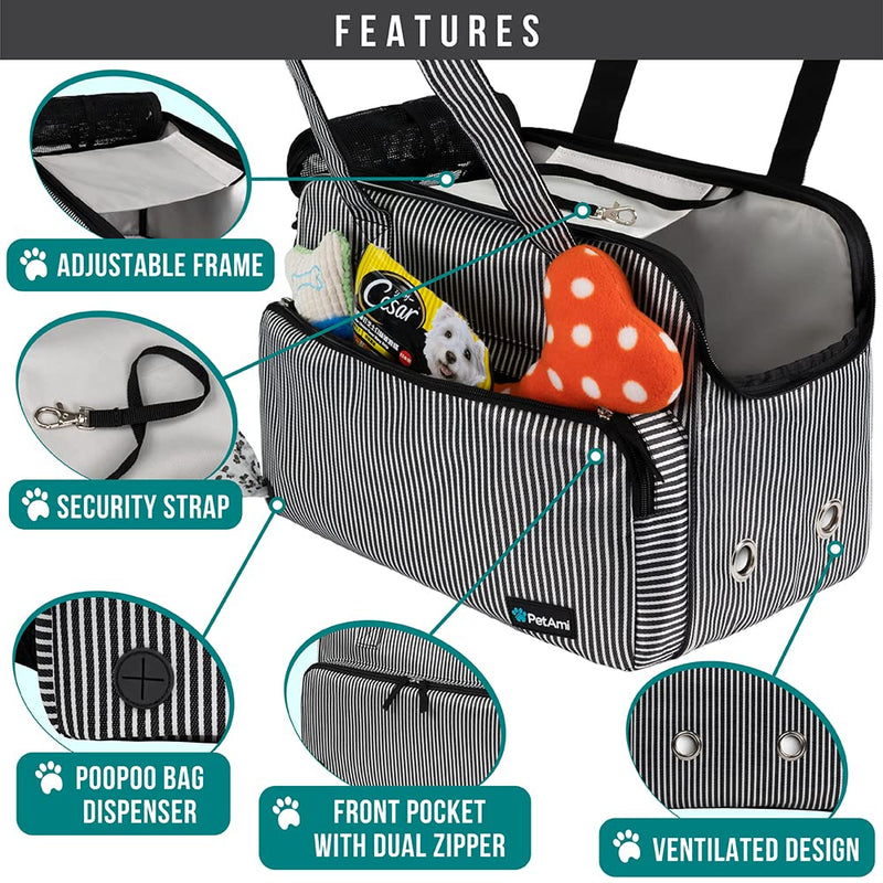 PetAmi Small Dog Purse Carrier, Soft-Sided Pet Carrier Bag with Pockets, Portable Puppy Cat Travel Handbag Tote, Airline Approved Breathable Mesh, Poop Bag Dispenser, Max 18 lbs, Stripe Black - PawsPlanet Australia