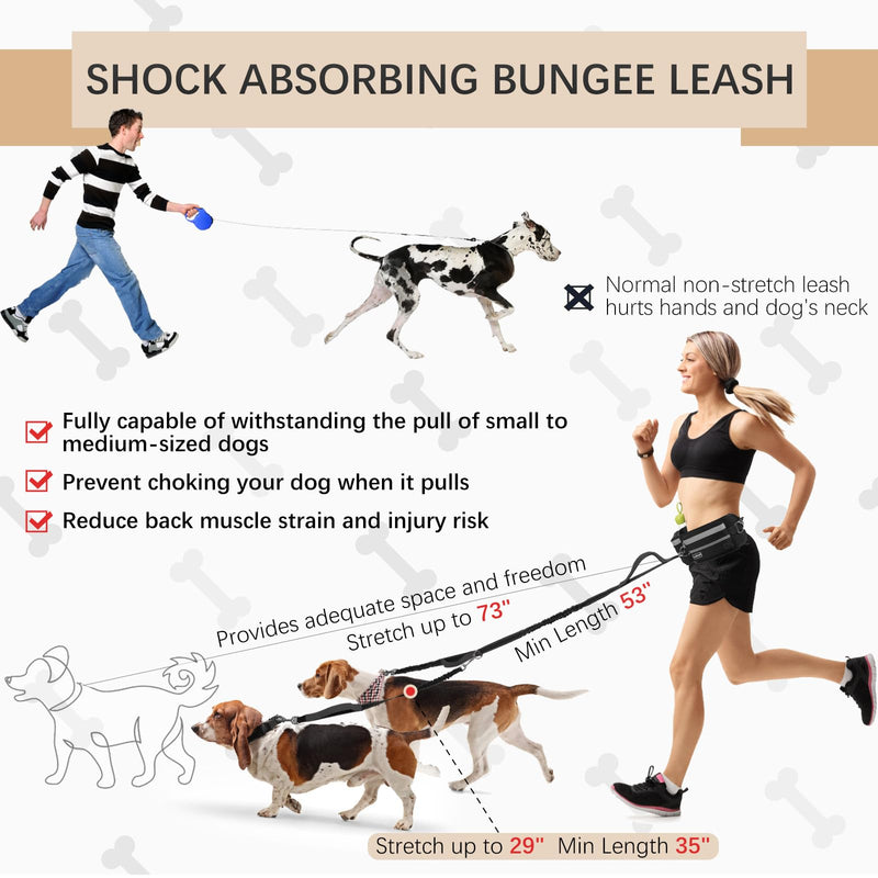 Hands-Free Waist Leash with Pouch for Two Dogs: Reflective Stitching, Dual Handle & Bungee Retractable Design – Ideal for Medium to Large Dogs (Grey) – Dog Walking Accessories Grey - PawsPlanet Australia