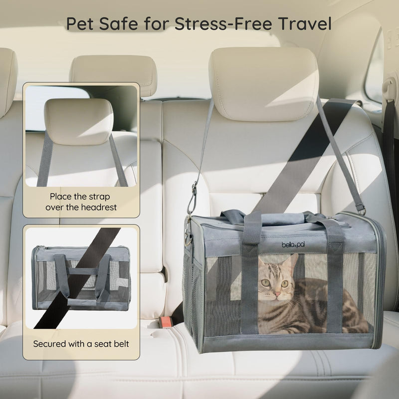 BELLA & PAL Cat Carrier Travel Bag, Airline Approved Lightweight Cat Carrier, Soft Sided Pet Carrier for Puppy Dogs Up to 18lbs, Collapsible Kitten Bag with Removable Waterproof Mat, Ventilated Mesh 16.5"L x 11"W x 11"H Grey - PawsPlanet Australia