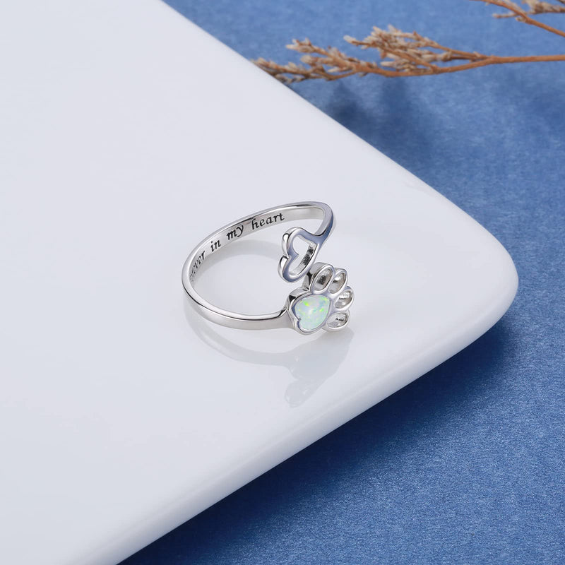 Opal Pet Lovers Paw Print Ring Heart 925 Sterling Silver Adjustable Puppy Cat Ring Animal Jewelry Love Dog Claw Ring Pets Loving Friend Families Gifts White