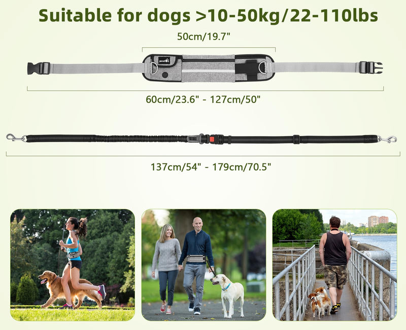Pecute Hands Free Dog Leash with Pouch, Waist Belt Fanny Pack with Soft Padds, Dual Padded Handles and Durable Bungee for Walking, Hiking, Jogging Biking, and Running (Up to 220lbs) Grey 2.0 - PawsPlanet Australia