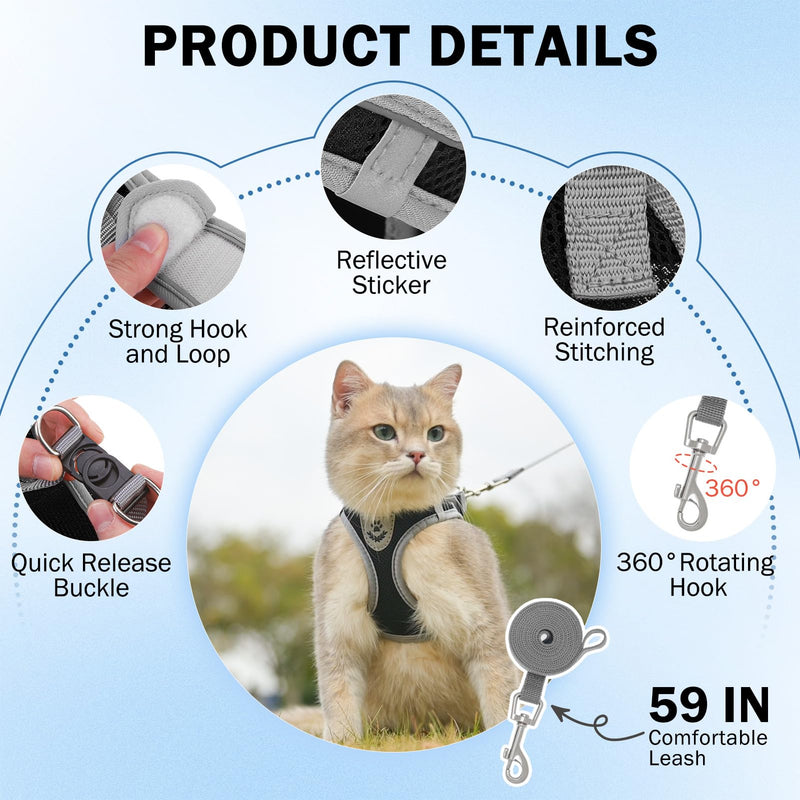 SCENEREAL Cat Harness and Leash Set Escape Proof, Adjustable Soft Air Mesh Kitten Harnesses for Girls Boys Small Medium Big Cats, Reflective Light Travel Pet Walking Vest for Puppy Rabbit, Black S Black(gray wrap and leash) S(Chest 11.5-13") - PawsPlanet Australia
