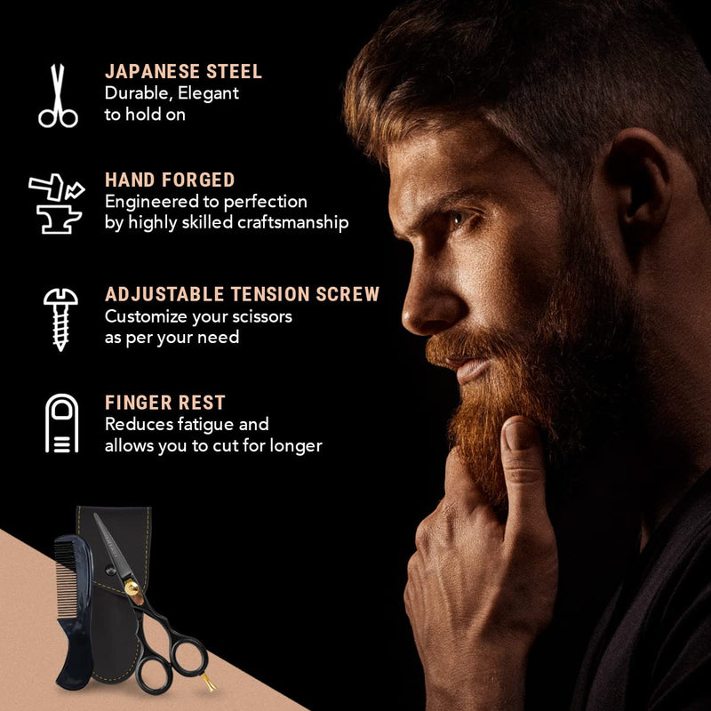 Ontaki Beard & Moustache Scissors for Men - 5.5" Japanese Steel, Black - Precision Sharp Blades, Ergonomic Finger Rest & Adjustable Tension Screw for Perfect Trimming - Beard Grooming Scissors Black - 5.5"
