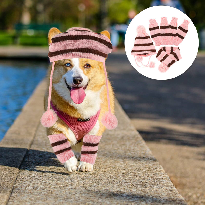 POPETPOP Knitted Winter Dog Scarf Hat Set - Winter Warm Caps Neck Warmer Knitted Scarf Hat Leg Warmers Knitted Hat for Dogs Pink M - PawsPlanet Australia